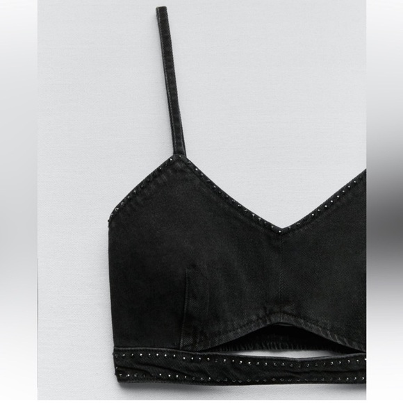 ZARA RHINESTONE DENIM CUT OUT GRAY CROP TOP - Picture 3 of 9